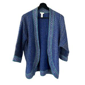 Chicos Blue Grey Geometric Print Wool Mohair Blend Open Front Cardigan 1 Medium